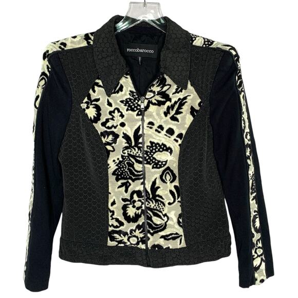 Rocco Barocco  8 Black Cream Embroidered Floral Zip Jacket Textured Tapestry - Picture 1 of 8